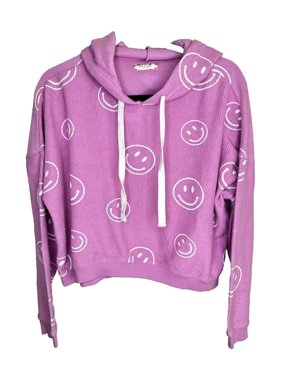 Altar'd State Hoodie Womens Small Smiley Face Waffle Knit Pullover Tie Hot Pink